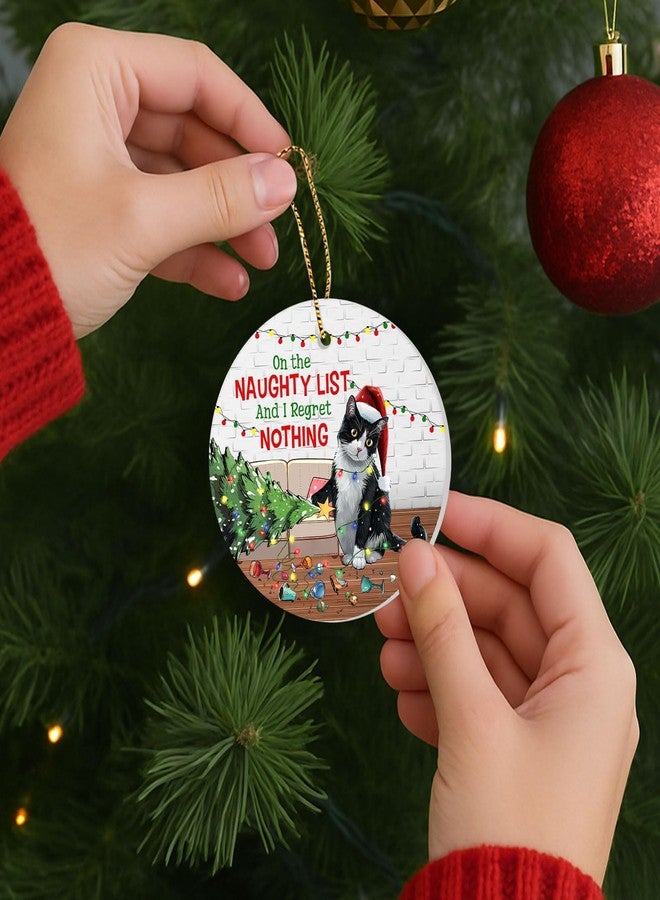 34HD Tuxedo Cat Naughty List Ceramic Ornament 2025 - Funny Hanging Xmas Tree Decoration for Cat Lovers Holiday Home Decor Gift - Image 5